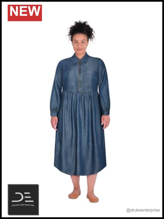 Dresses & Skirts - Plus Size Fit & Flare Denim Dress with Collared Neck, Long Sleeve, Side Pockets